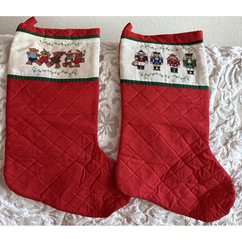 Set Of 2 ‎ VTG   hand made Needlework Christmas Stockings bears and soldiers
